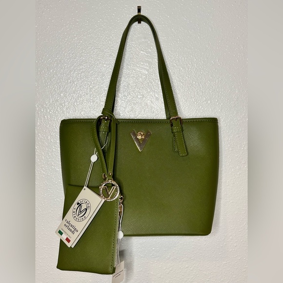 Valentino Orlandi Green Tote and Matching Wallet Pouch with Gold Accents